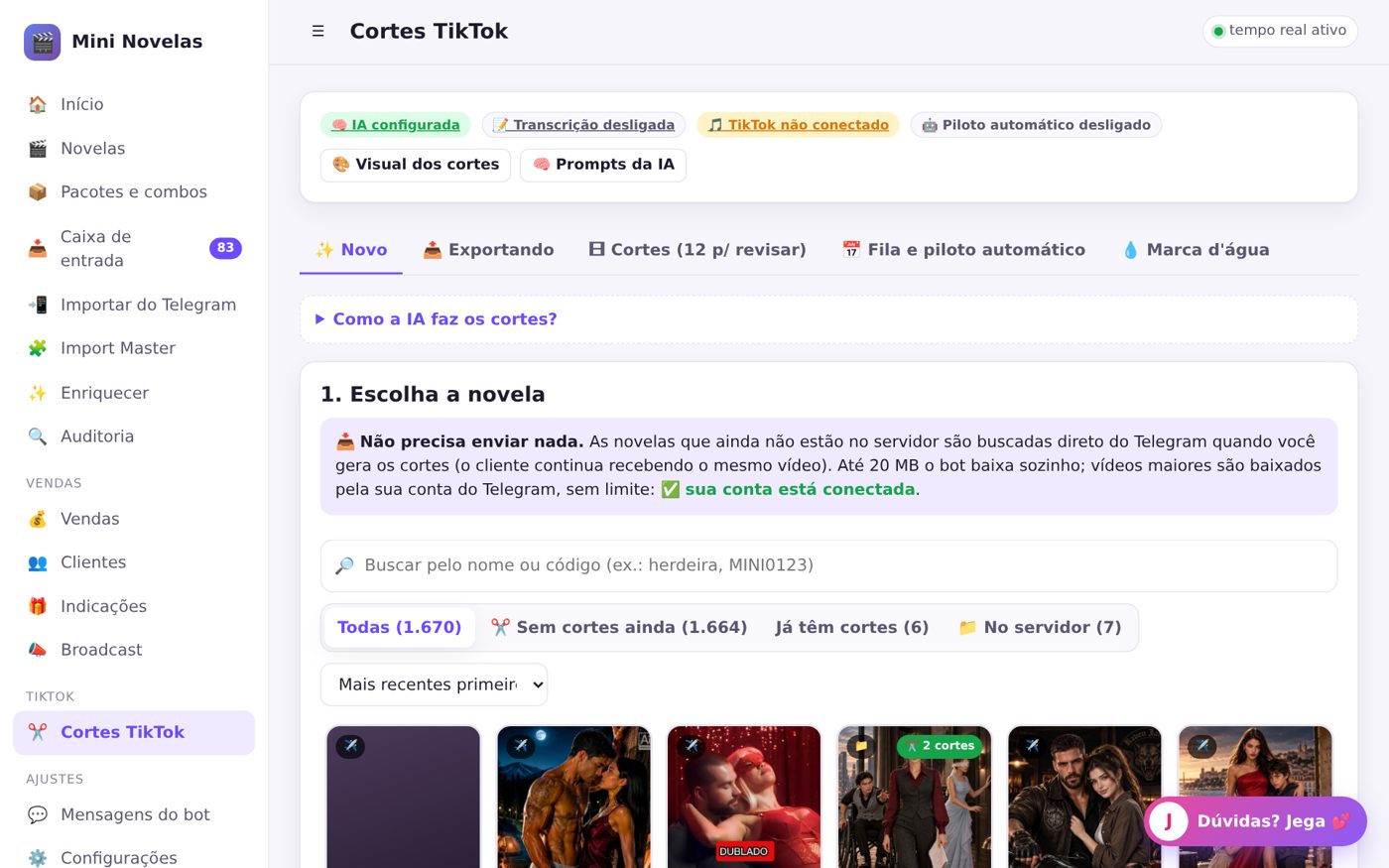 Novelas operator: TikTok clip studio over a catalog of 1,670 titles